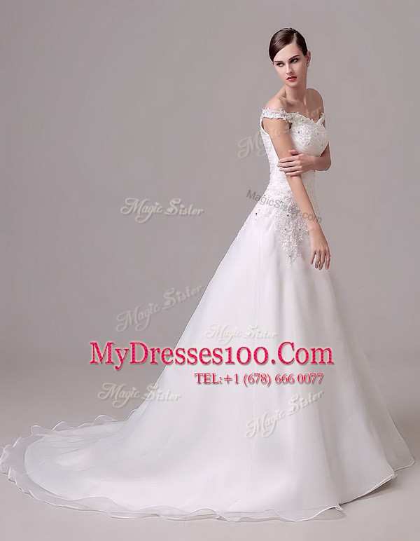 Off The Shoulder Sleeveless Court Train Clasp Handle Wedding Dress White Organza