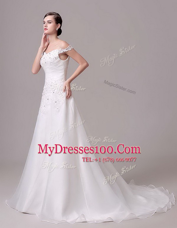 Off The Shoulder Sleeveless Court Train Clasp Handle Wedding Dress White Organza