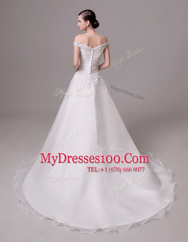 Off The Shoulder Sleeveless Court Train Clasp Handle Wedding Dress White Organza