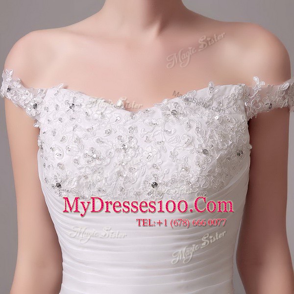 Off The Shoulder Sleeveless Court Train Clasp Handle Wedding Dress White Organza