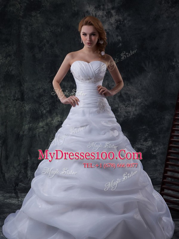 Nice Sleeveless Floor Length Beading and Ruching and Pick Ups Lace Up Wedding Dress with White Brush Train