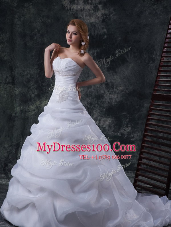 Nice Sleeveless Floor Length Beading and Ruching and Pick Ups Lace Up Wedding Dress with White Brush Train