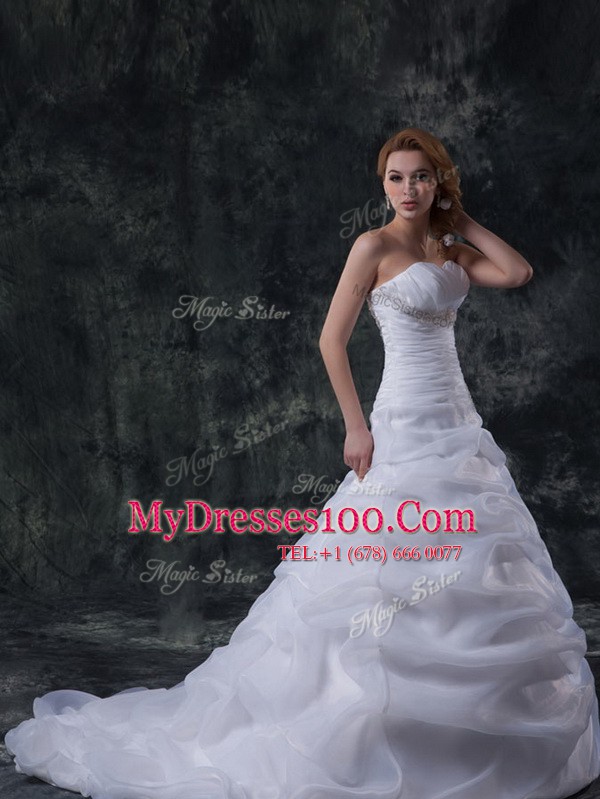 Nice Sleeveless Floor Length Beading and Ruching and Pick Ups Lace Up Wedding Dress with White Brush Train