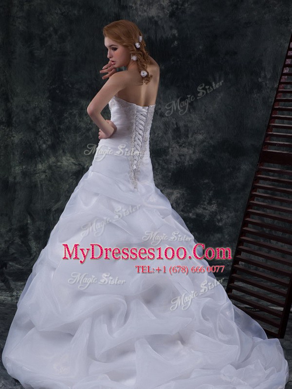 Nice Sleeveless Floor Length Beading and Ruching and Pick Ups Lace Up Wedding Dress with White Brush Train