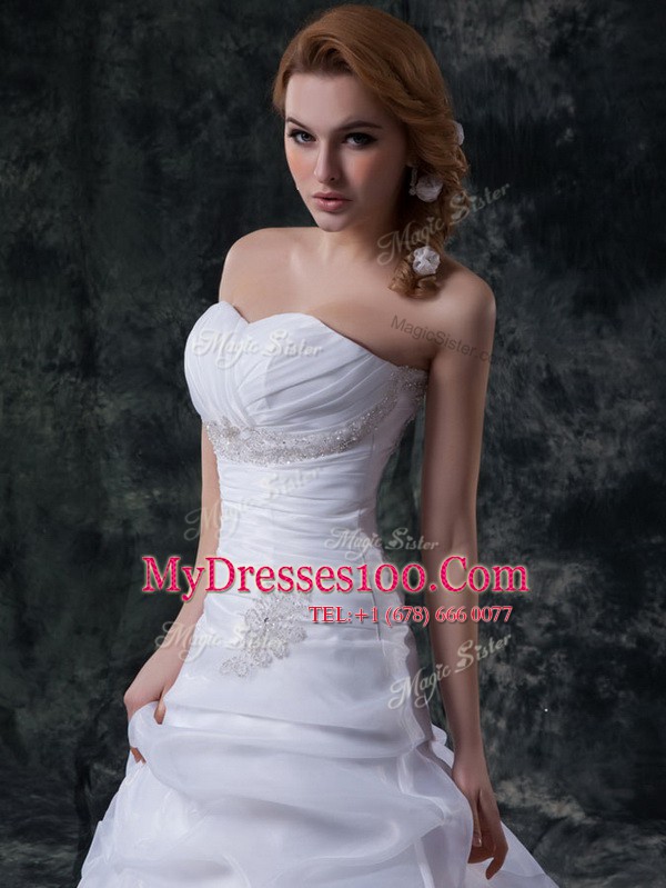 Nice Sleeveless Floor Length Beading and Ruching and Pick Ups Lace Up Wedding Dress with White Brush Train