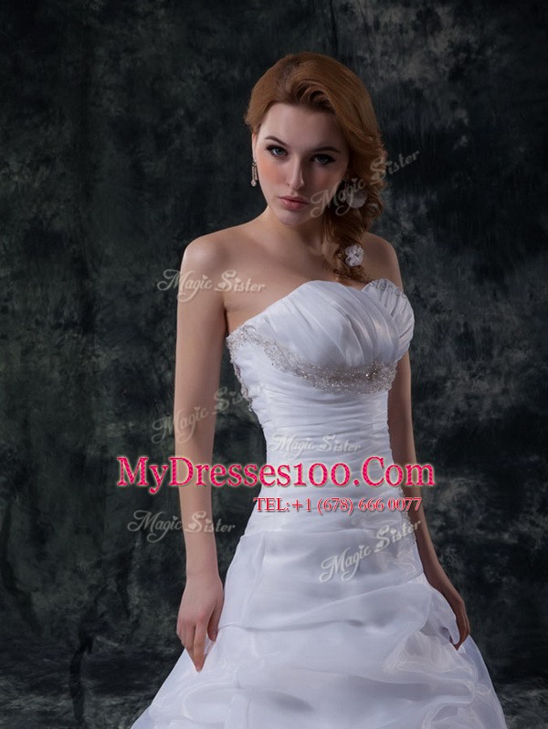 Nice Sleeveless Floor Length Beading and Ruching and Pick Ups Lace Up Wedding Dress with White Brush Train