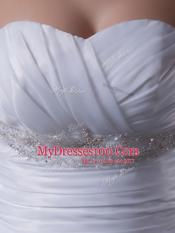 Nice Sleeveless Floor Length Beading and Ruching and Pick Ups Lace Up Wedding Dress with White Brush Train