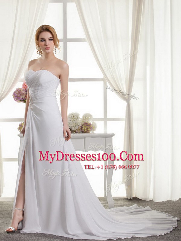 White Wedding Dresses Wedding Party and For with Beading and Appliques and Ruching Sweetheart Sleeveless Court Train Lace Up