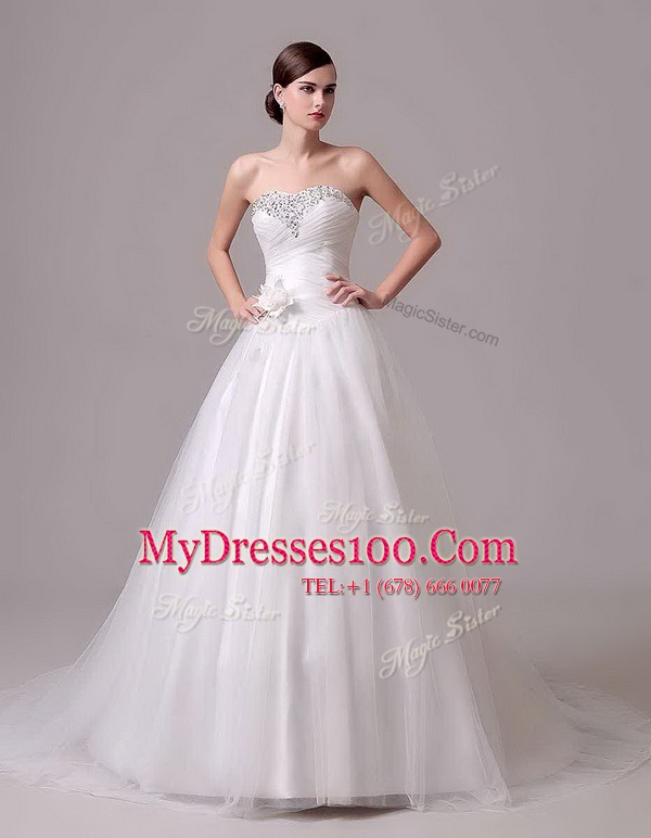 With Train White Wedding Gown Tulle Brush Train Sleeveless Beading and Hand Made Flower
