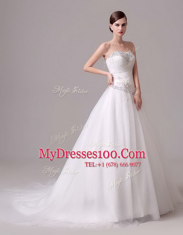 With Train White Wedding Gown Tulle Brush Train Sleeveless Beading and Hand Made Flower