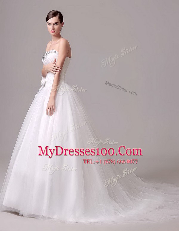 With Train White Wedding Gown Tulle Brush Train Sleeveless Beading and Hand Made Flower