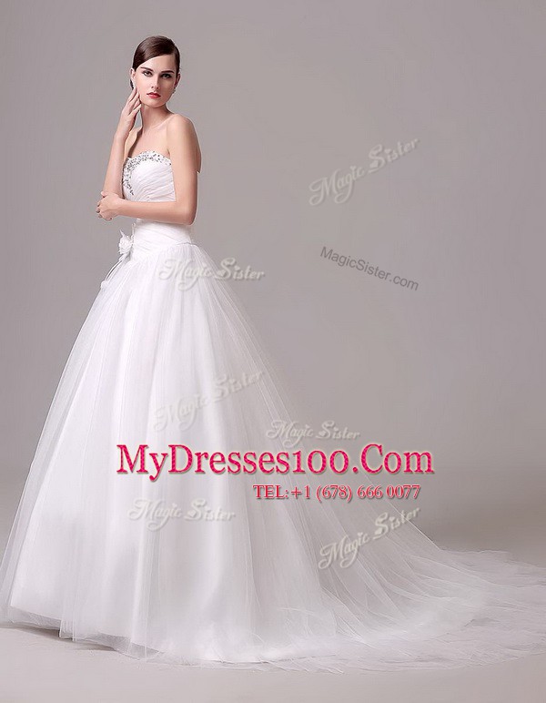 With Train White Wedding Gown Tulle Brush Train Sleeveless Beading and Hand Made Flower