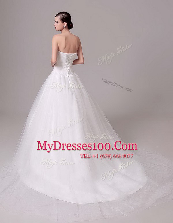 With Train White Wedding Gown Tulle Brush Train Sleeveless Beading and Hand Made Flower