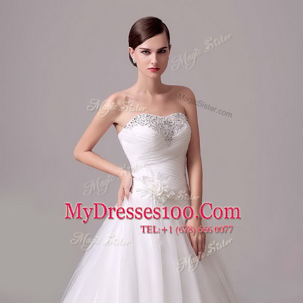 With Train White Wedding Gown Tulle Brush Train Sleeveless Beading and Hand Made Flower