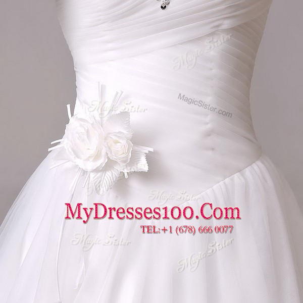 With Train White Wedding Gown Tulle Brush Train Sleeveless Beading and Hand Made Flower