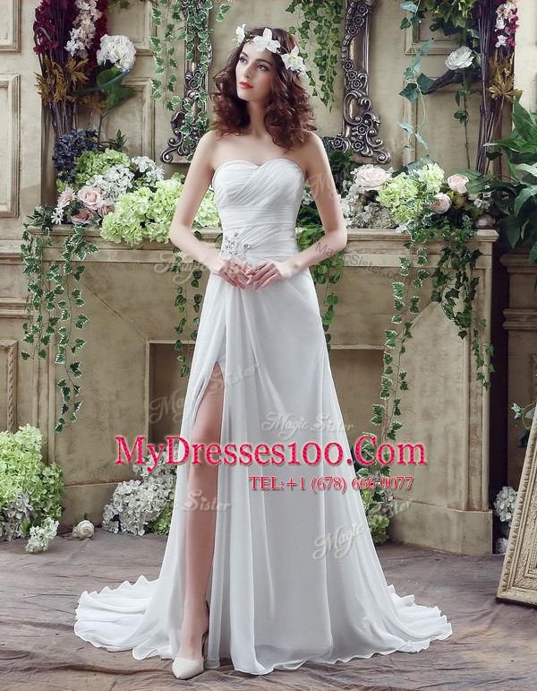 New Style White Sleeveless Beading and Ruching Lace Up Wedding Gown