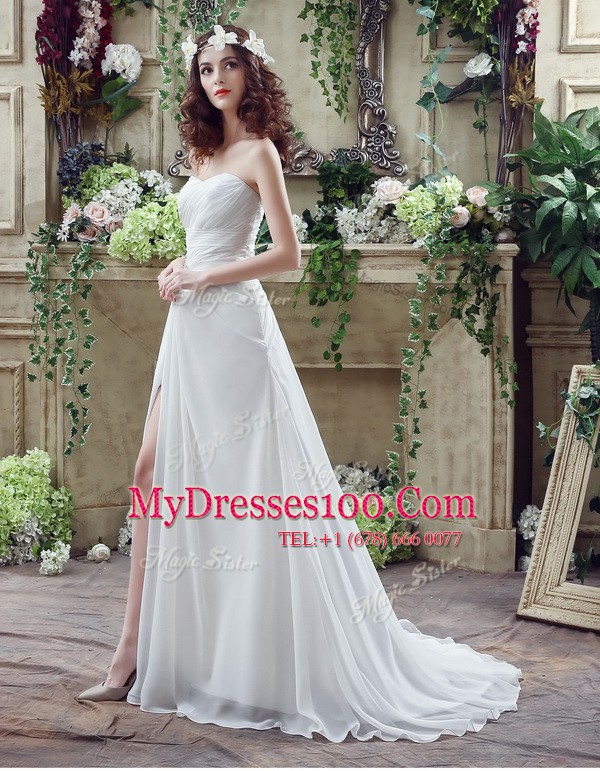 New Style White Sleeveless Beading and Ruching Lace Up Wedding Gown