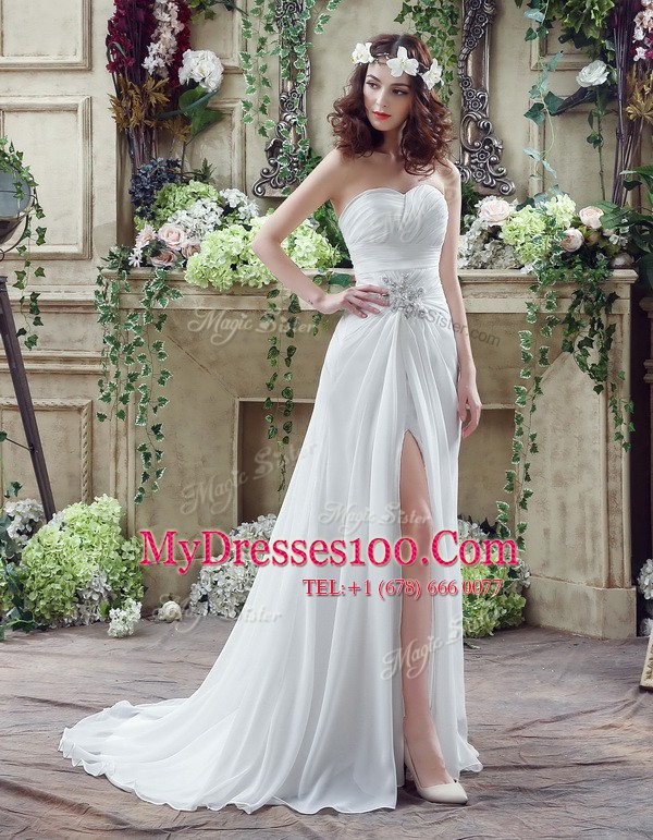 New Style White Sleeveless Beading and Ruching Lace Up Wedding Gown