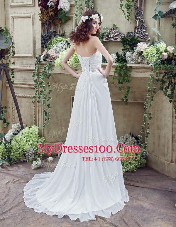 New Style White Sleeveless Beading and Ruching Lace Up Wedding Gown
