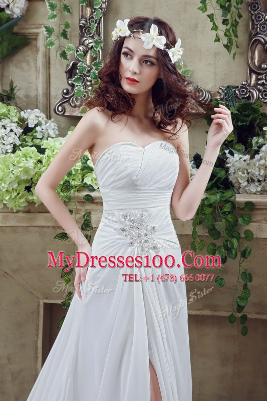 New Style White Sleeveless Beading and Ruching Lace Up Wedding Gown