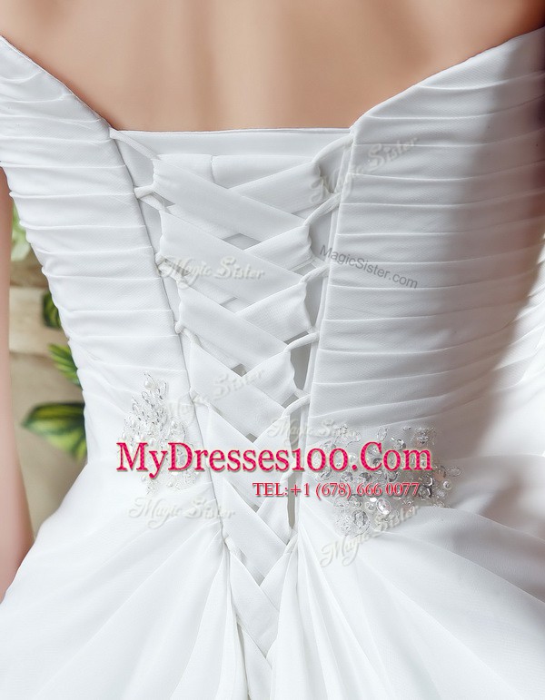 New Style White Sleeveless Beading and Ruching Lace Up Wedding Gown