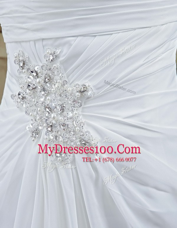 New Style White Sleeveless Beading and Ruching Lace Up Wedding Gown