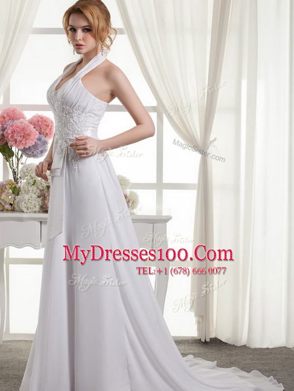 Excellent White Wedding Dresses Wedding Party and For with Lace and Appliques and Ruching and Bowknot Halter Top Sleeveless Lace Up