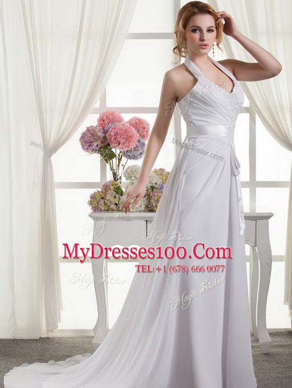 Excellent White Wedding Dresses Wedding Party and For with Lace and Appliques and Ruching and Bowknot Halter Top Sleeveless Lace Up