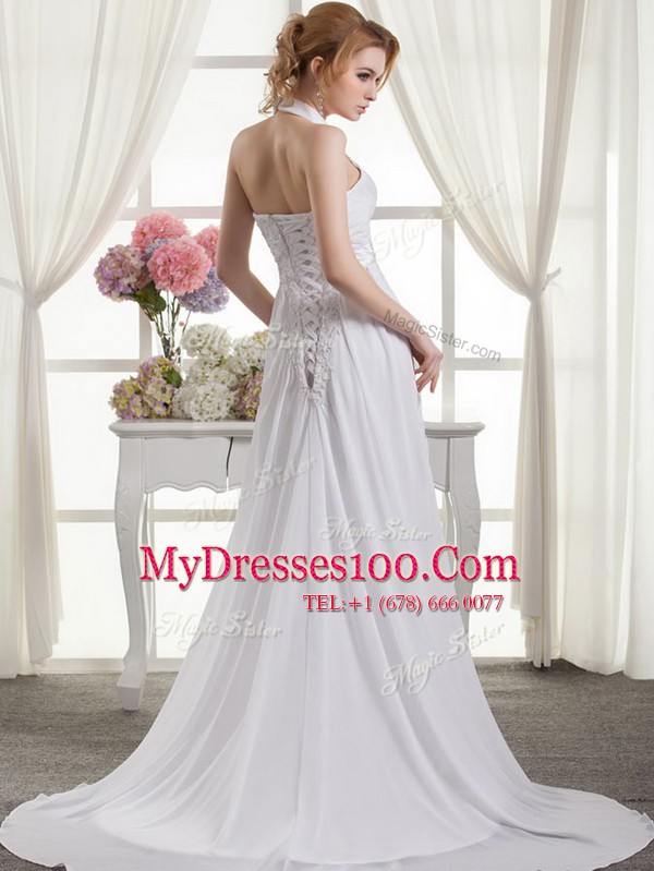 Excellent White Wedding Dresses Wedding Party and For with Lace and Appliques and Ruching and Bowknot Halter Top Sleeveless Lace Up