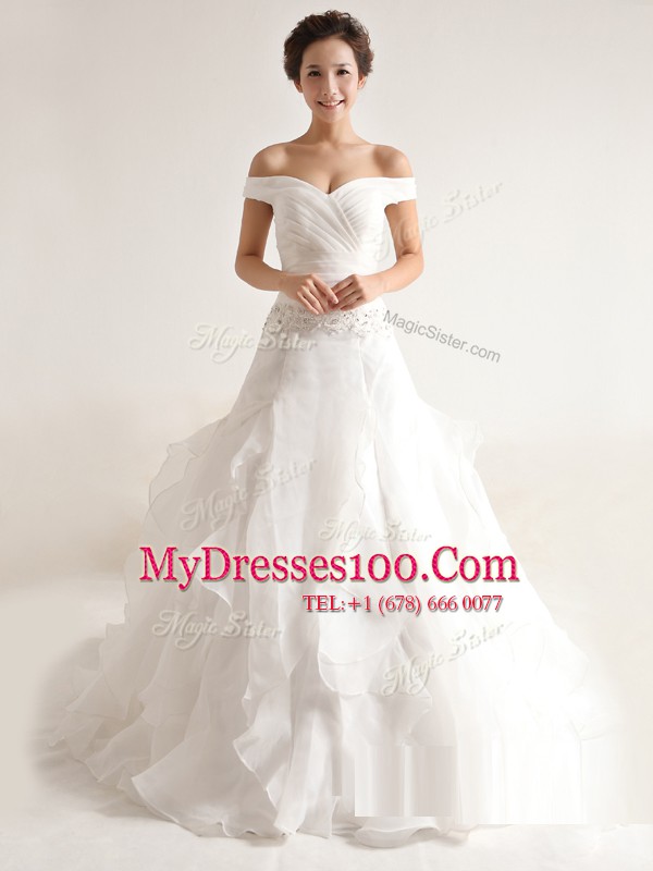 Customized Off the Shoulder White A-line Beading and Ruffles Wedding Dress Zipper Organza Sleeveless With Train