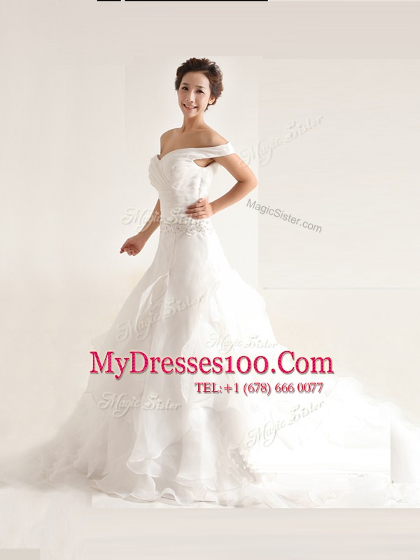 Customized Off the Shoulder White A-line Beading and Ruffles Wedding Dress Zipper Organza Sleeveless With Train