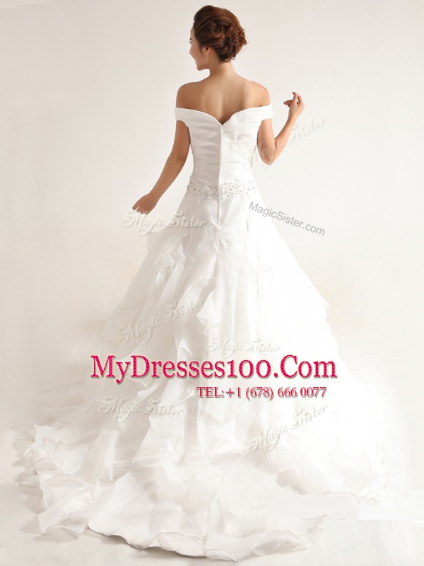 Customized Off the Shoulder White A-line Beading and Ruffles Wedding Dress Zipper Organza Sleeveless With Train