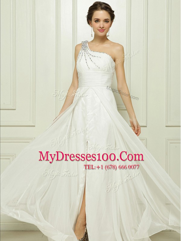 Amazing One Shoulder Beading Bridal Gown White Zipper Sleeveless Brush Train