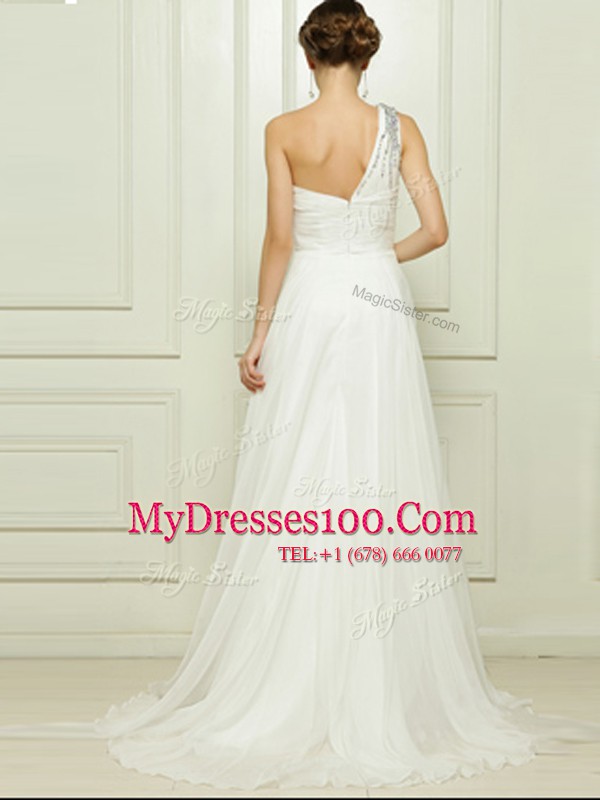 Amazing One Shoulder Beading Bridal Gown White Zipper Sleeveless Brush Train