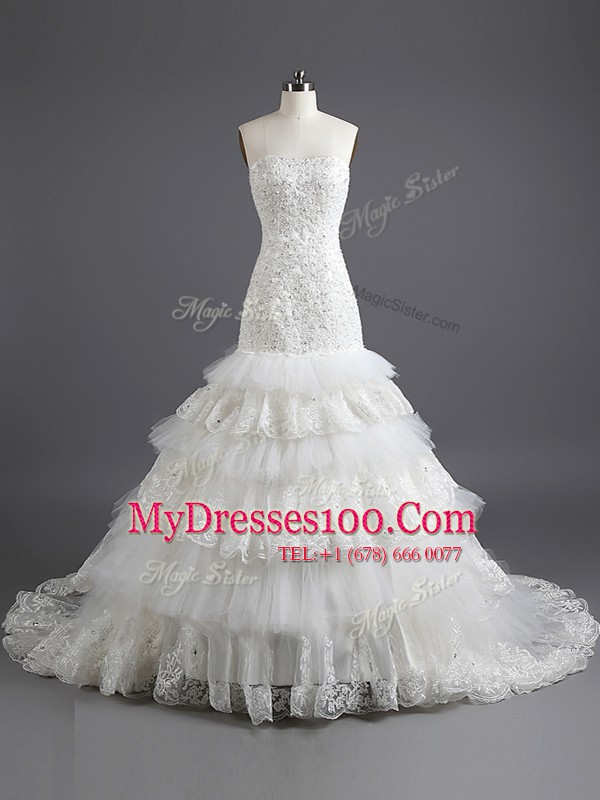 Mermaid White Strapless Neckline Ruffled Layers Wedding Dress Sleeveless Lace Up