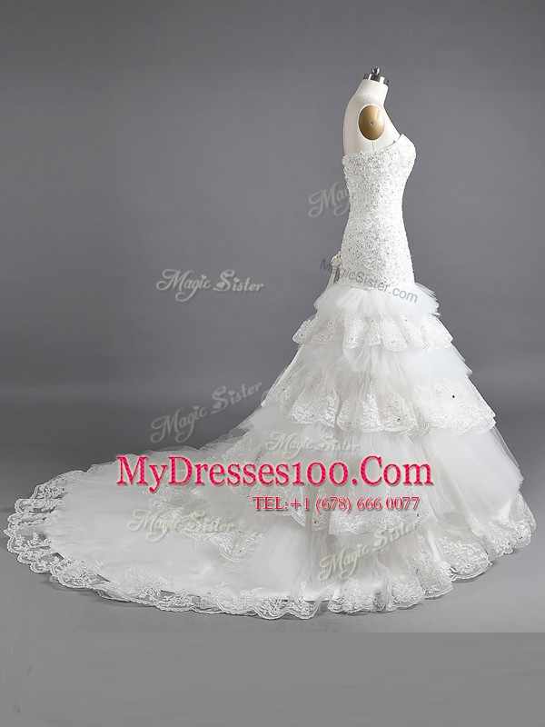 Mermaid White Strapless Neckline Ruffled Layers Wedding Dress Sleeveless Lace Up