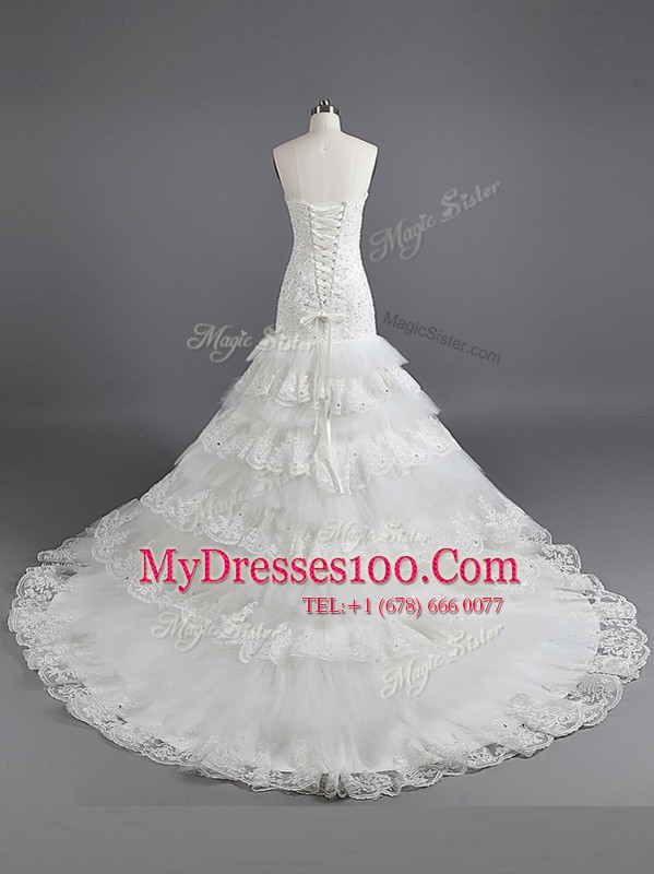 Mermaid White Strapless Neckline Ruffled Layers Wedding Dress Sleeveless Lace Up