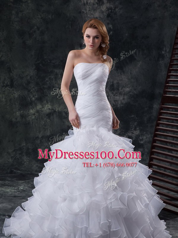 Mermaid Lace Up Wedding Dresses White for Wedding Party with Ruffles and Ruching Brush Train