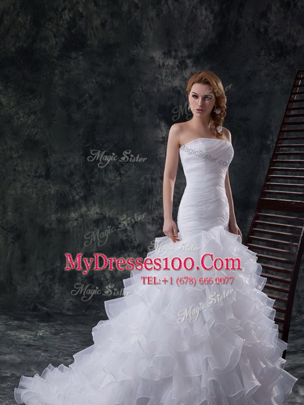 Mermaid Lace Up Wedding Dresses White for Wedding Party with Ruffles and Ruching Brush Train