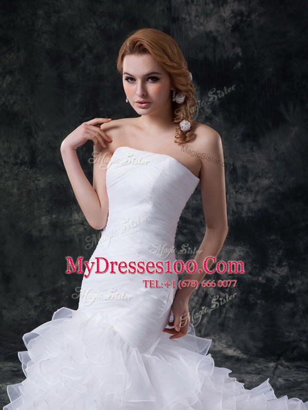 Mermaid Lace Up Wedding Dresses White for Wedding Party with Ruffles and Ruching Brush Train