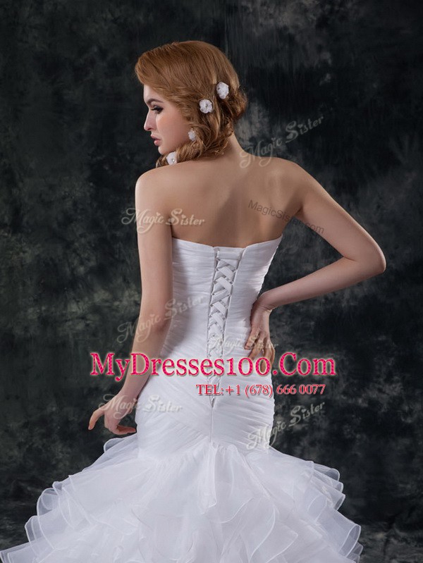 Mermaid Lace Up Wedding Dresses White for Wedding Party with Ruffles and Ruching Brush Train