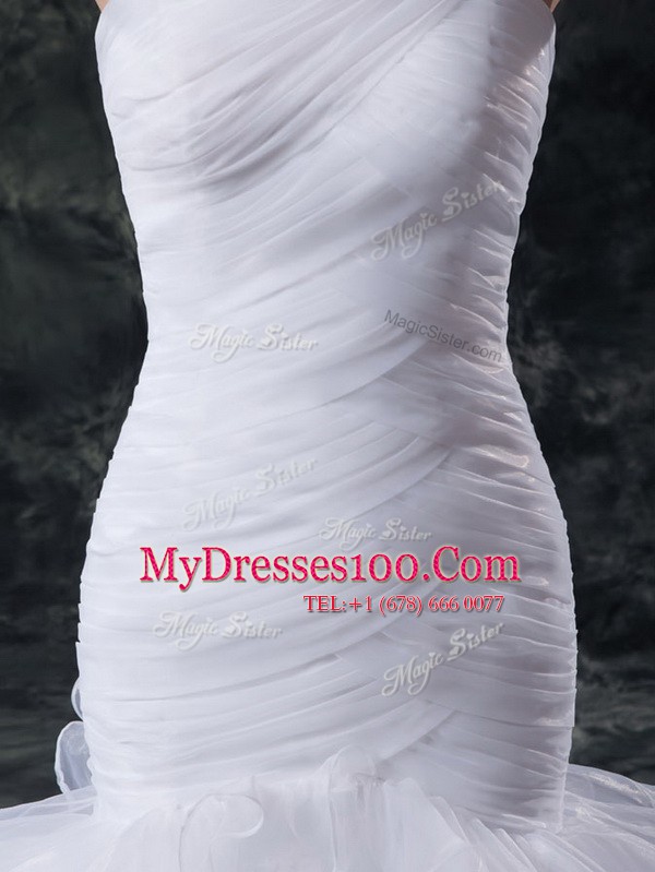 Mermaid Lace Up Wedding Dresses White for Wedding Party with Ruffles and Ruching Brush Train