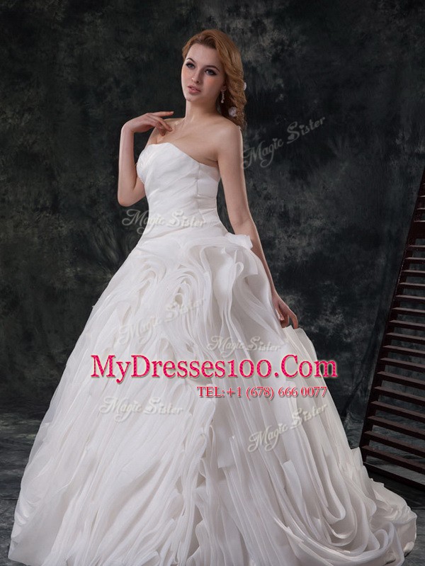 Strapless Sleeveless Organza Bridal Gown Ruching Brush Train Lace Up