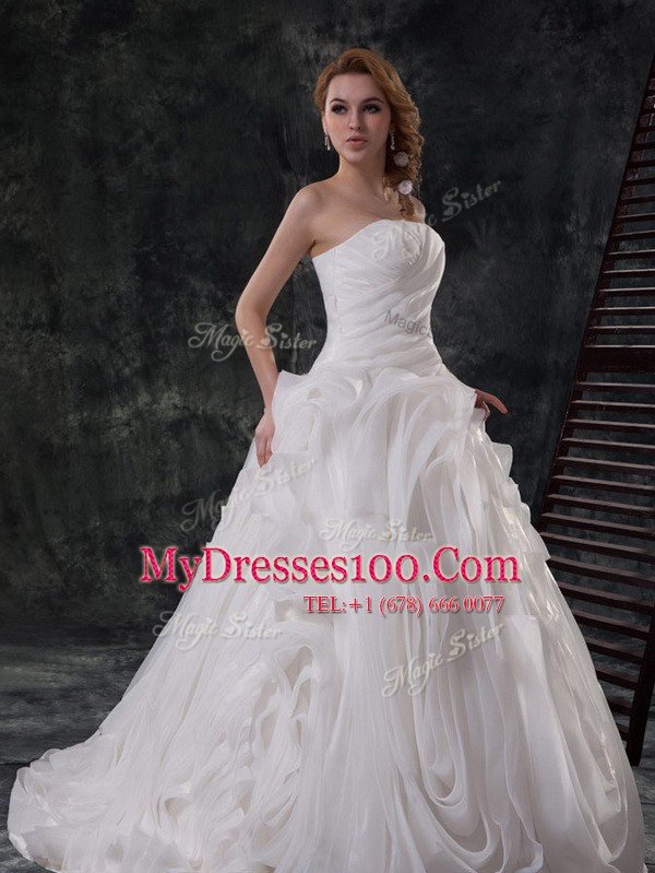 Strapless Sleeveless Organza Bridal Gown Ruching Brush Train Lace Up