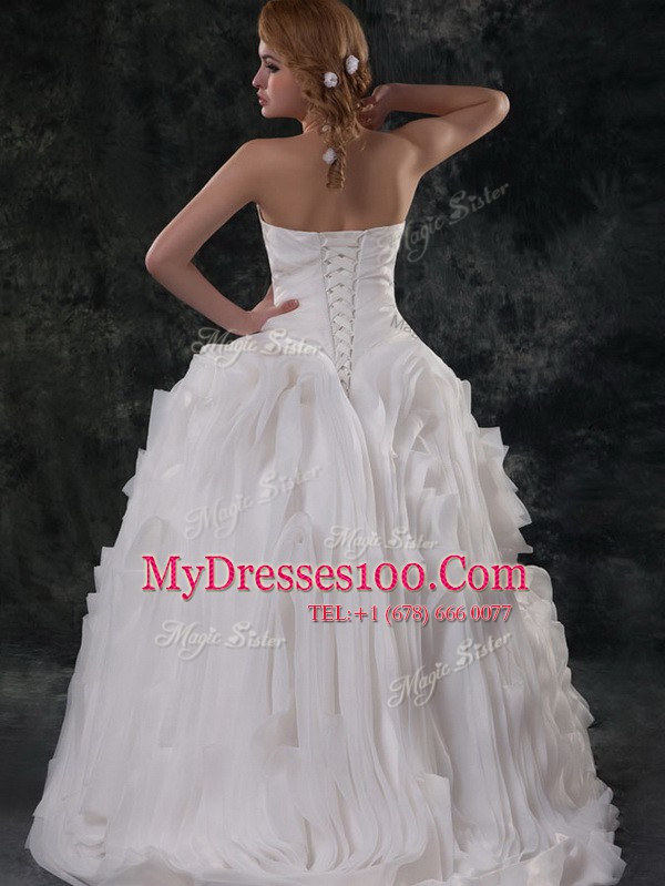 Strapless Sleeveless Organza Bridal Gown Ruching Brush Train Lace Up