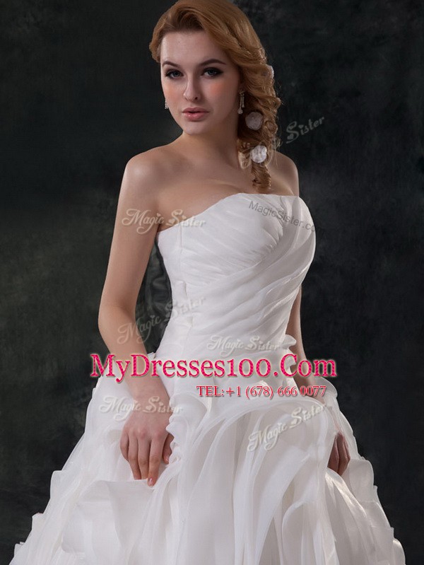 Strapless Sleeveless Organza Bridal Gown Ruching Brush Train Lace Up