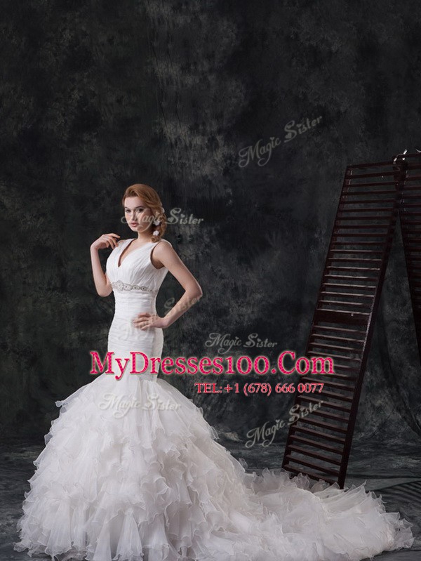 Lovely White Mermaid Beading and Ruffles Wedding Dress Lace Up Organza Sleeveless