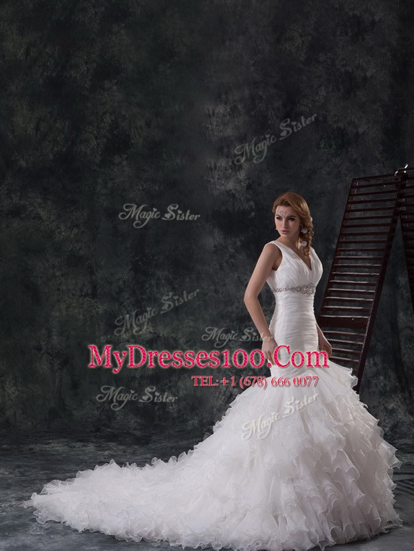 Lovely White Mermaid Beading and Ruffles Wedding Dress Lace Up Organza Sleeveless