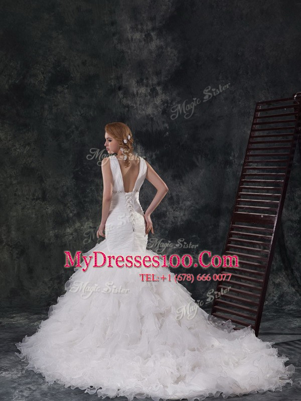Lovely White Mermaid Beading and Ruffles Wedding Dress Lace Up Organza Sleeveless