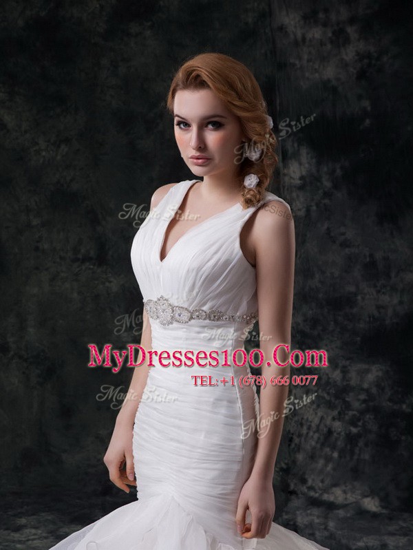 Lovely White Mermaid Beading and Ruffles Wedding Dress Lace Up Organza Sleeveless